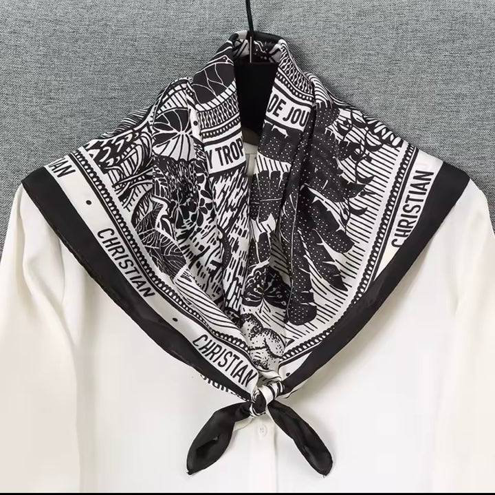 Tropical Print Silk Scarf in black