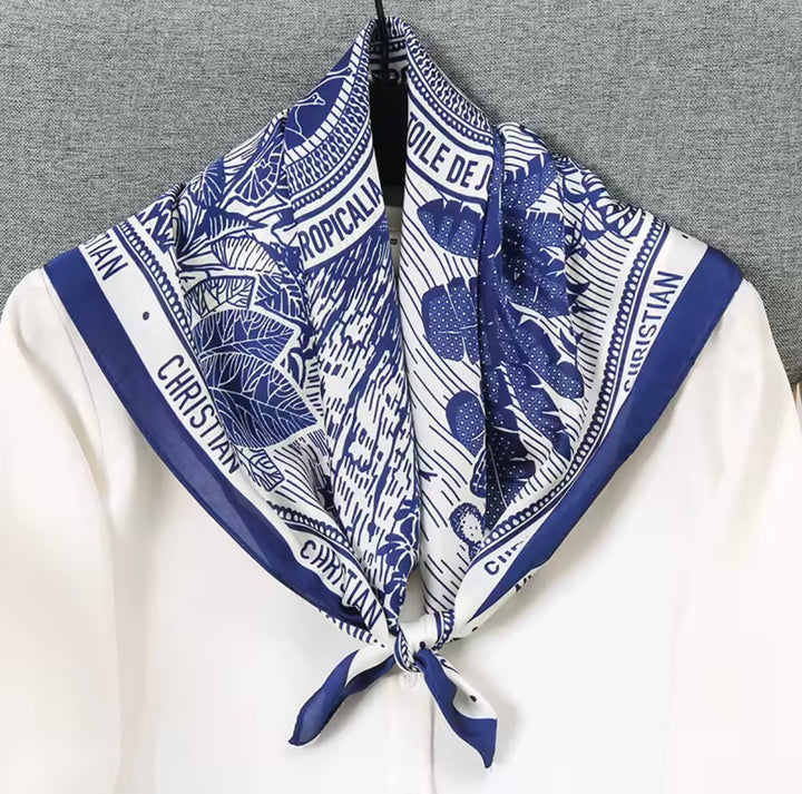 Tropical Print Silk Scarf in blue