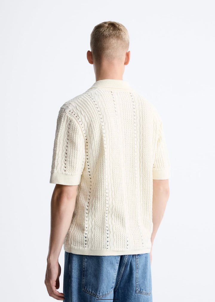 ZARA TEXTURED CABLE KNIT POLO SHIRT