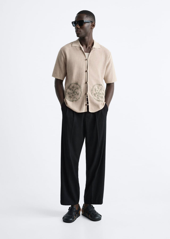 ZARA EMBROIDERED KNIT SHIRT CAMEL