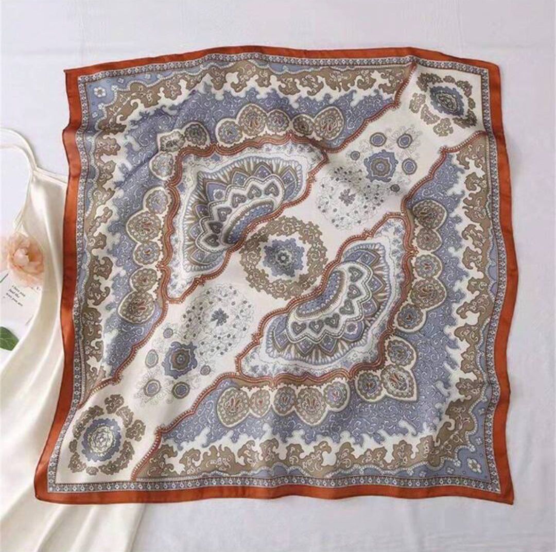 Retro Silk Paisley Print Silk Scarf in burnt orange