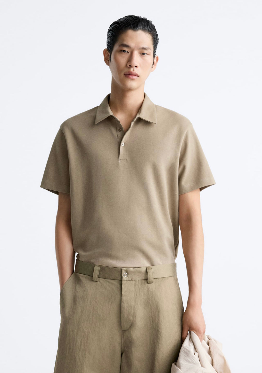 ZARA TEXTURED POLO SHIRT IN CAMEL