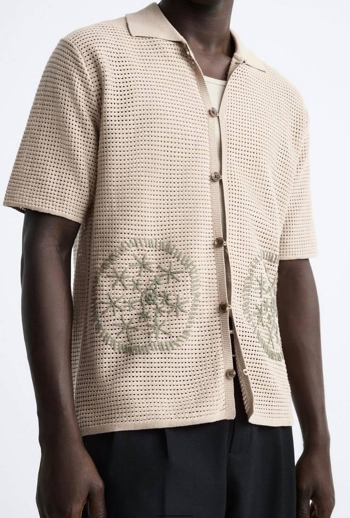 ZARA EMBROIDERED KNIT SHIRT CAMEL