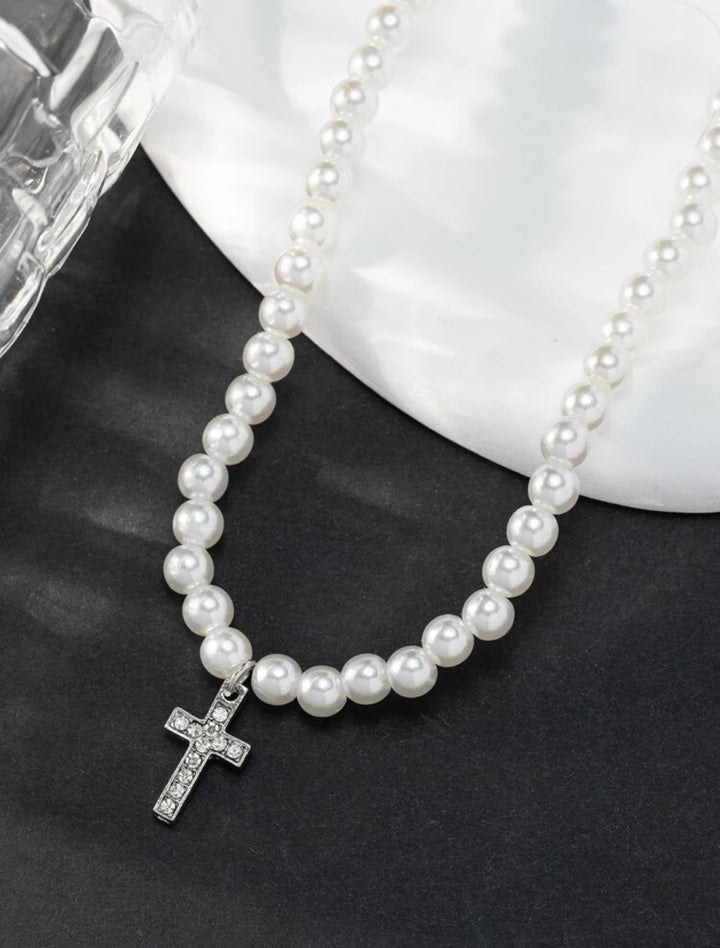 Men faux pearl rhinestone cross charm necklace