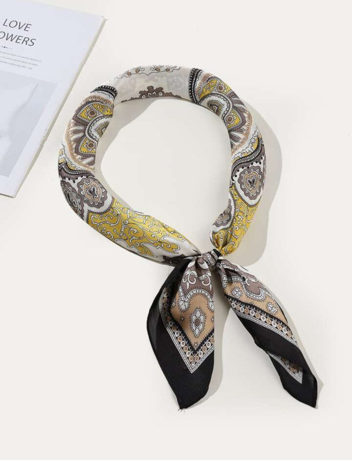Retro Silk Paisley Print Silk Scarf in yellow and grey