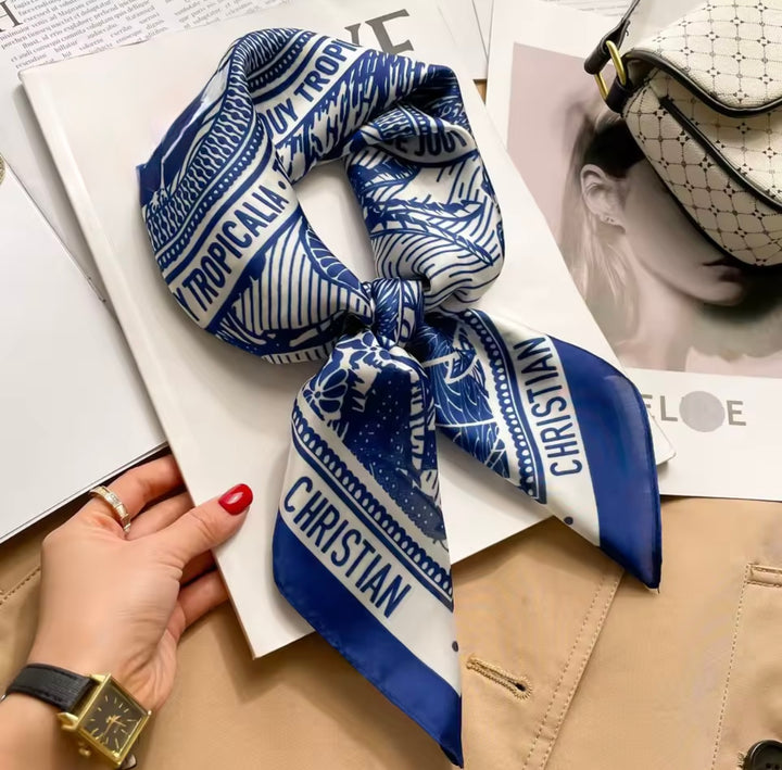 Tropical Print Silk Scarf in blue