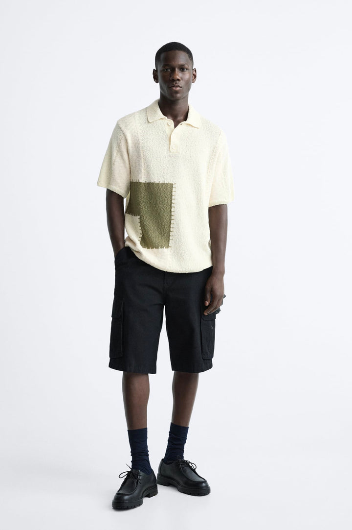 ZARA COLOR BLOCK KNIT POLO SHIRT WITH PATCHES