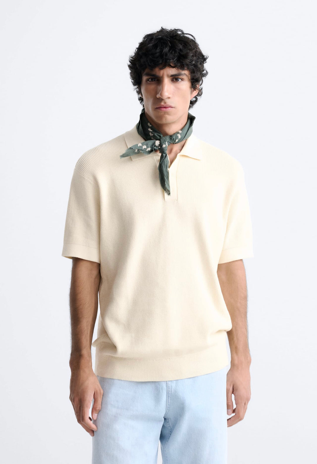 ZARA PURL KNIT POLO SHIRT ECRU