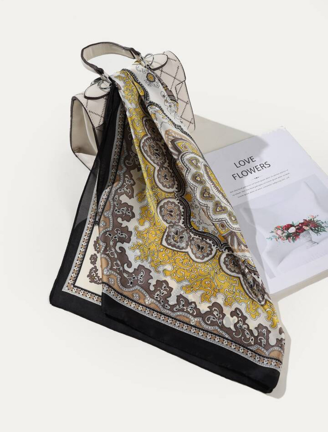 Retro Silk Paisley Print Silk Scarf in yellow and grey
