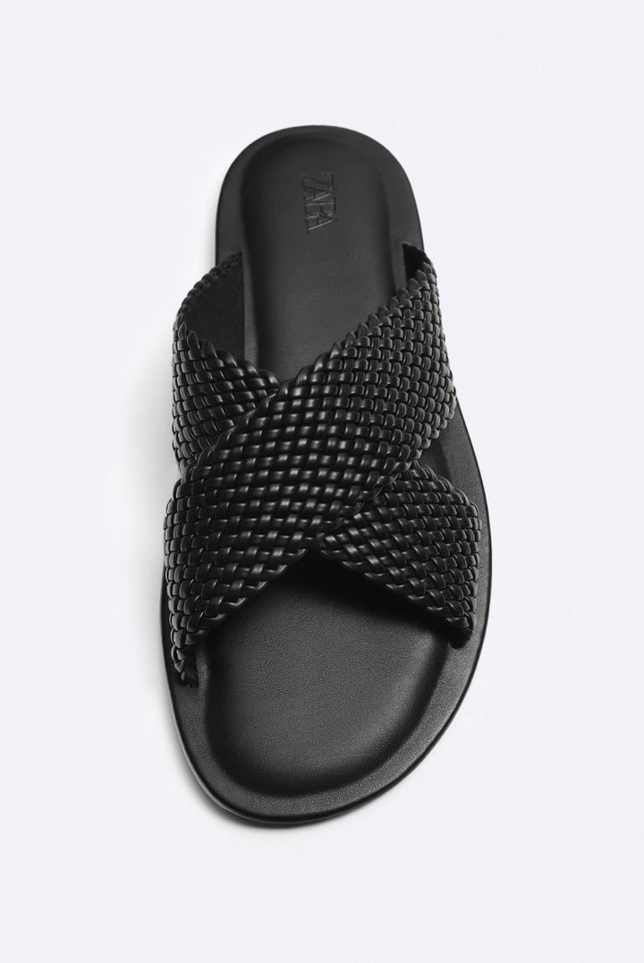 ZARA BRAIDED CRISS CROSS SANDALS SLIPPERS IN BLACK