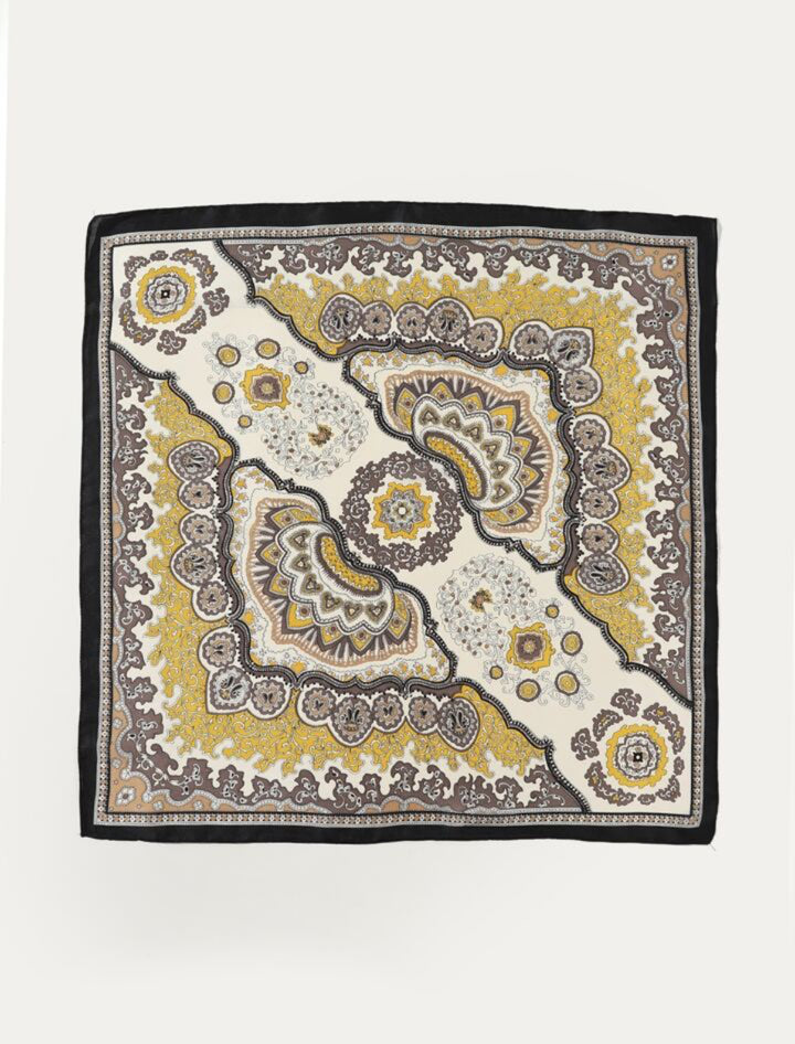 Retro Silk Paisley Print Silk Scarf in yellow and grey