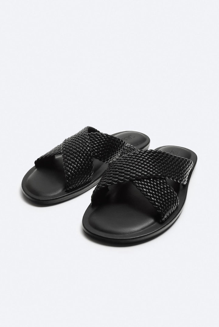 ZARA BRAIDED CRISS CROSS SANDALS SLIPPERS IN BLACK