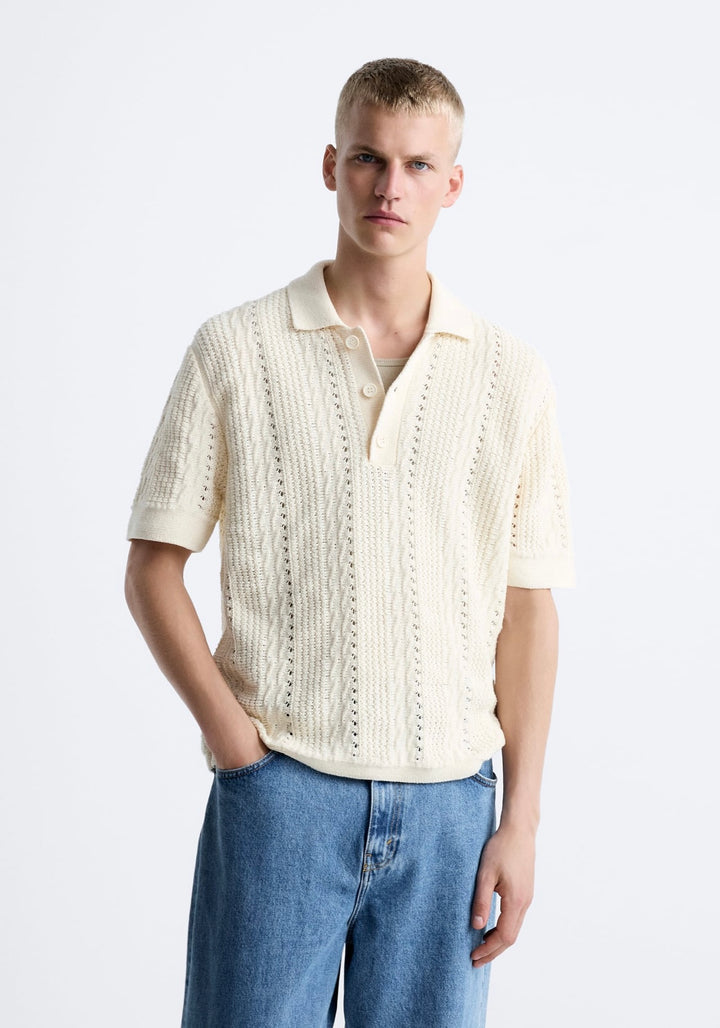 ZARA TEXTURED CABLE KNIT POLO SHIRT