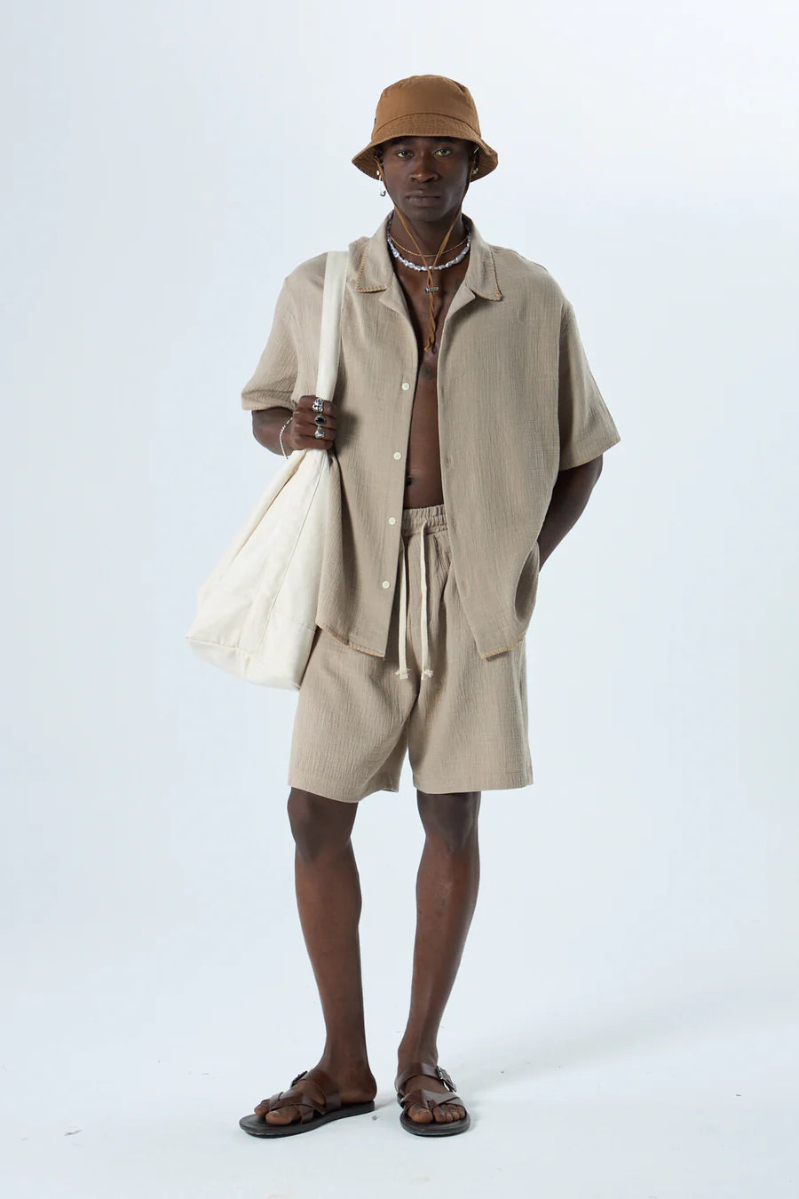 GARM ISLAND SEWING DETAILED OVERSIZE MUSLIN LINEN SHORTS SET KHAKI