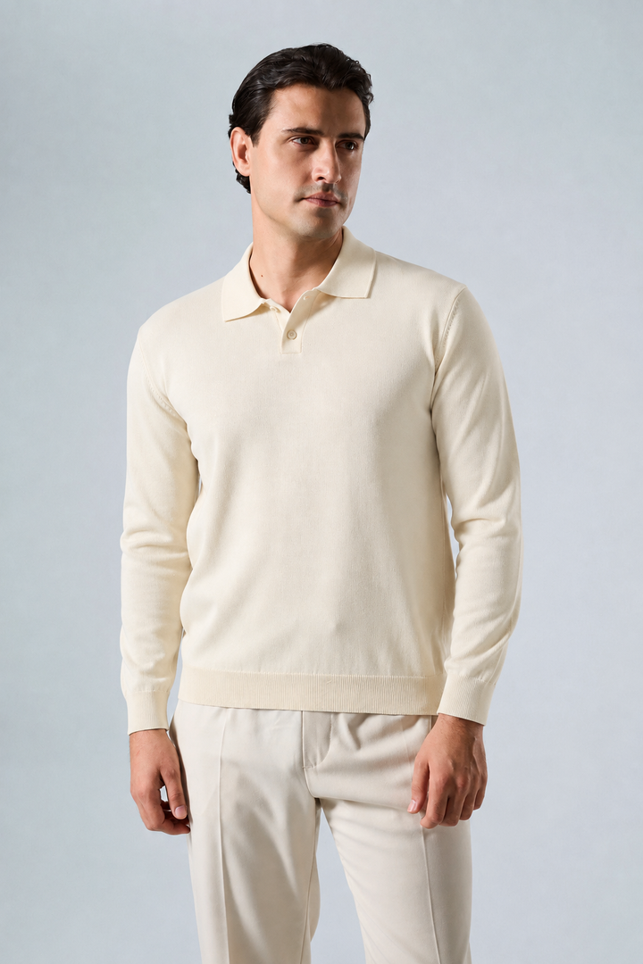 Massimo long sleeve knit polo shirt in beige