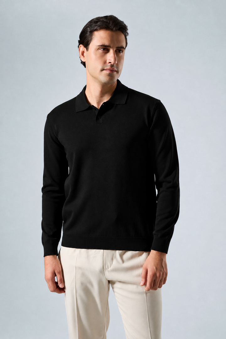 Massimo long sleeve knit polo shirt in black