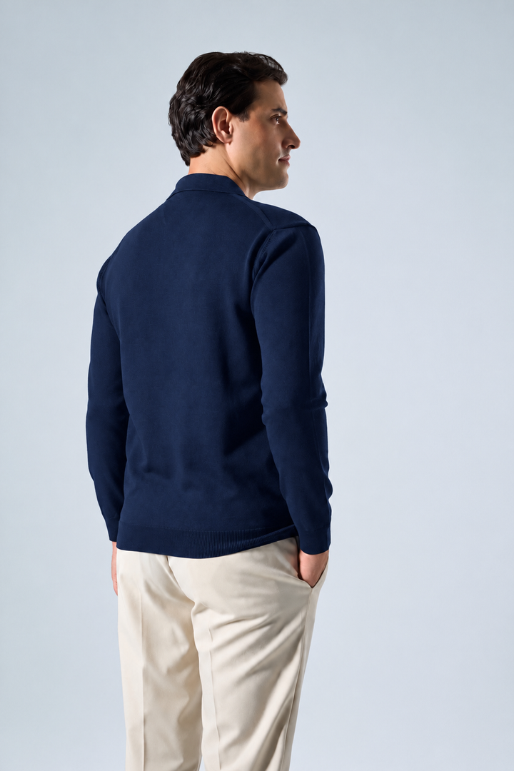Massimo long sleeve knit polo shirt in navy blue