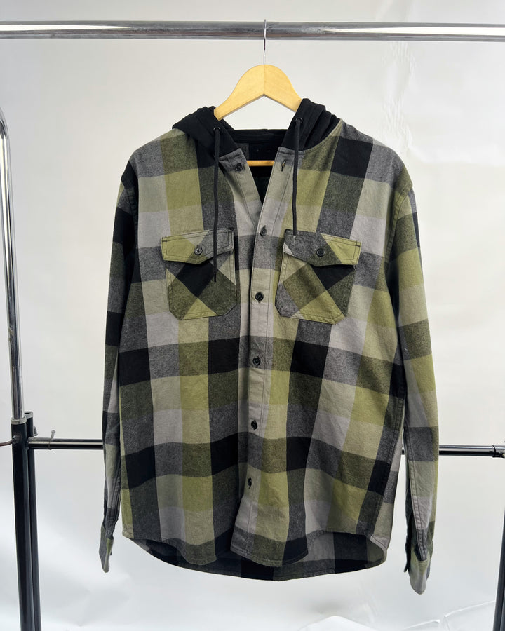 Double layered hoodie plaid shirt in green