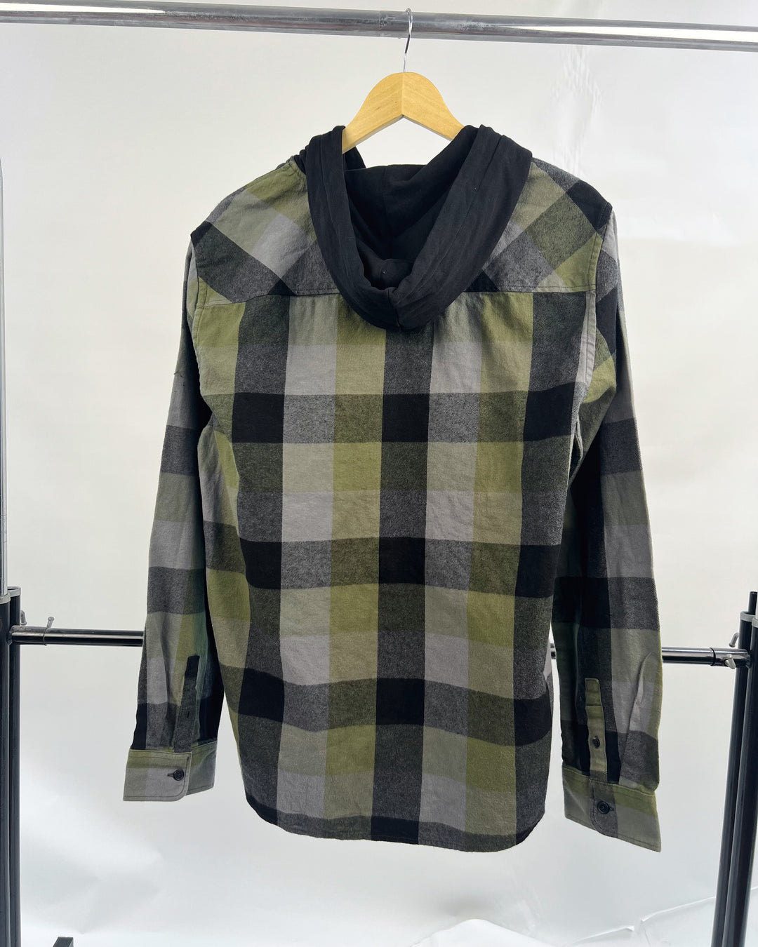 Double layered hoodie plaid shirt in green