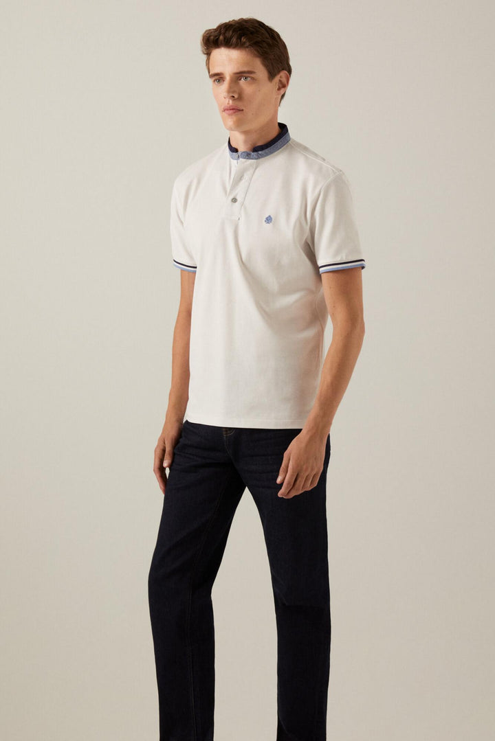 SPRINGFIELD SLIM FIT DOUBLE MANDARIN COLLAR POLO T-SHIRT WHITE