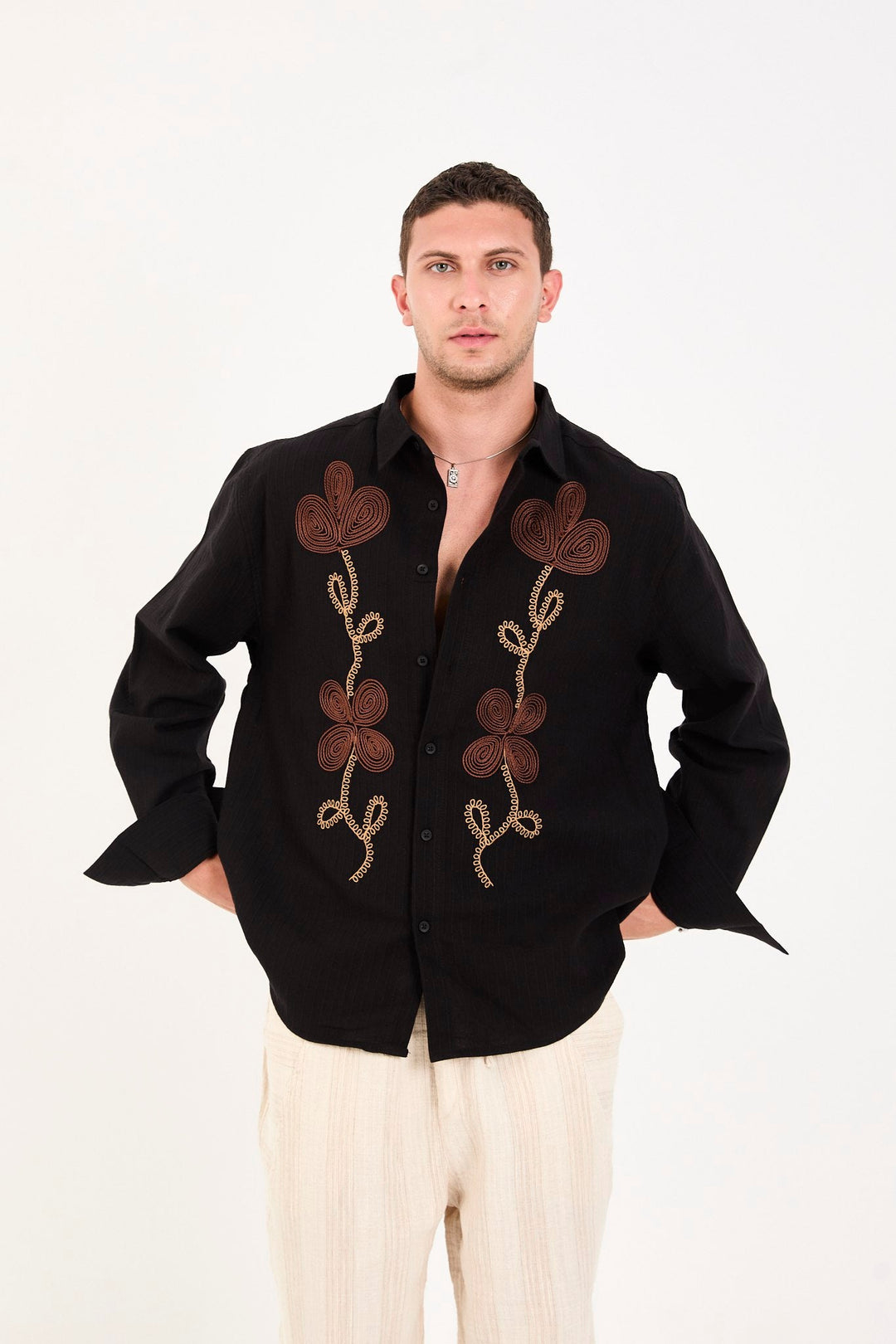 Rocquerx Embroidery Detail Long Sleeve Shirt in Black