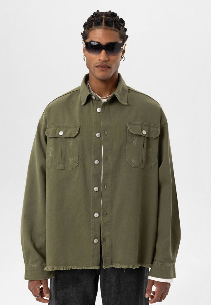 VAMOS MICRO STRESSED DENIM JACKET IN GREEN