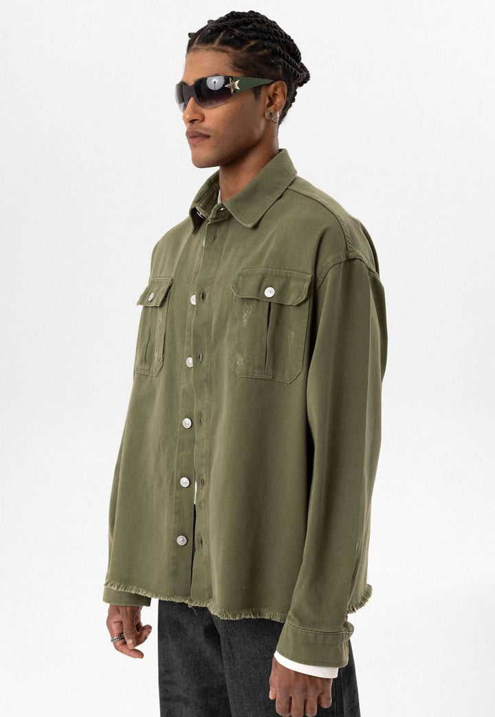 VAMOS MICRO STRESSED DENIM JACKET IN GREEN