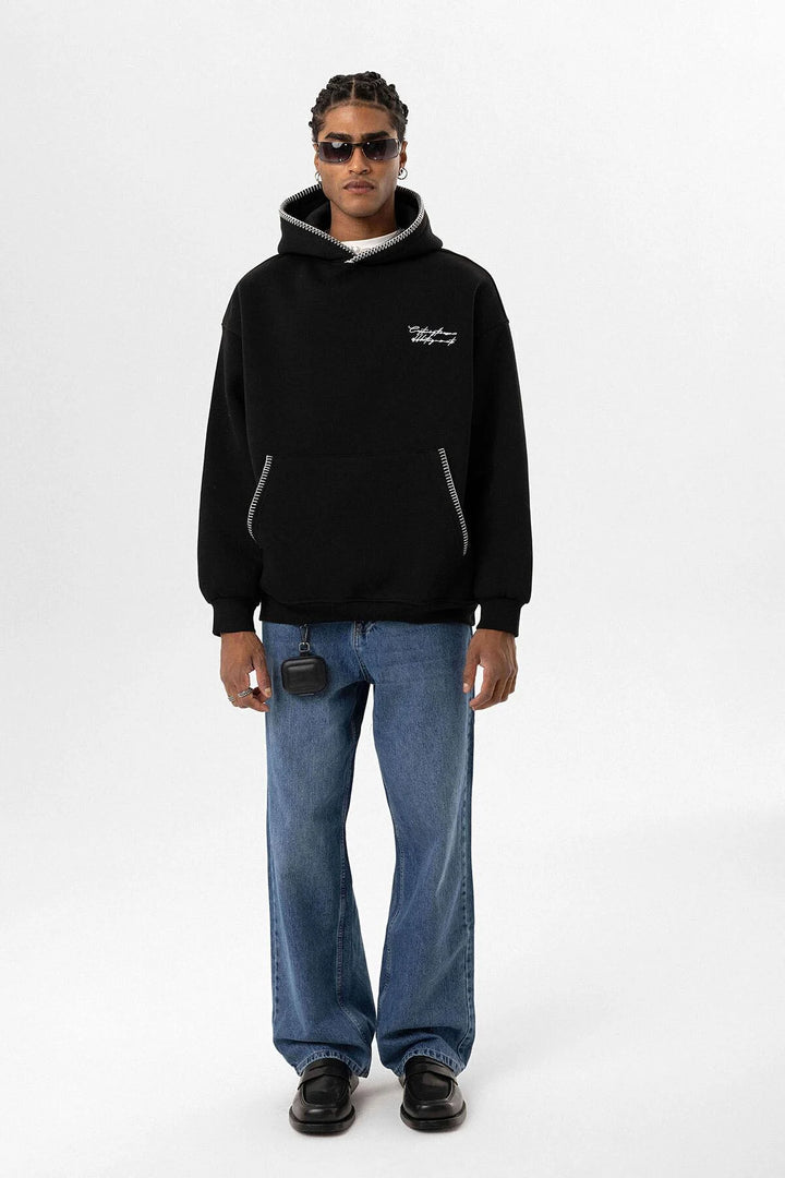 VAMOS CONTRAST STITCH HOODIE IN BLACK