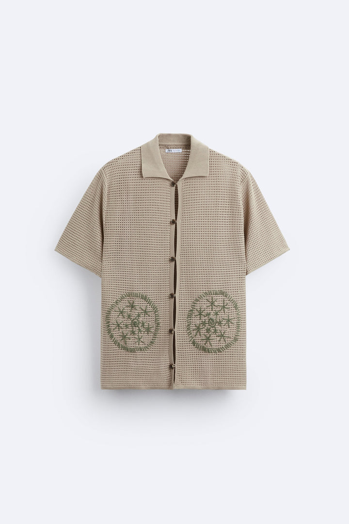ZARA EMBROIDERED KNIT SHIRT CAMEL