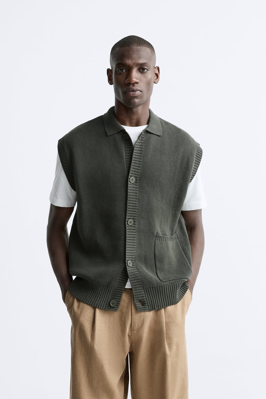 ZARA KNIT WAISTCOAT WITH POCKET IN GREEN