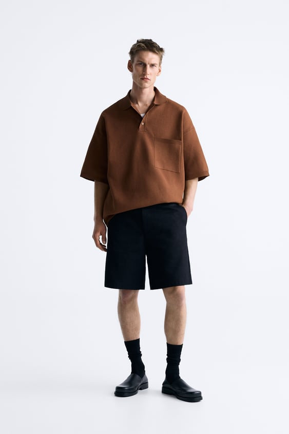 ZARA TEXTURED OVERSIZED KNIT POLO SHIRT BROWN