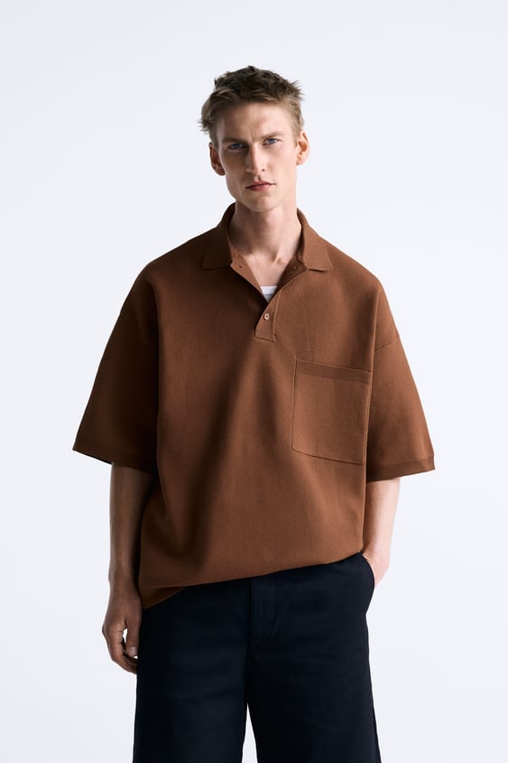 ZARA TEXTURED OVERSIZED KNIT POLO SHIRT BROWN