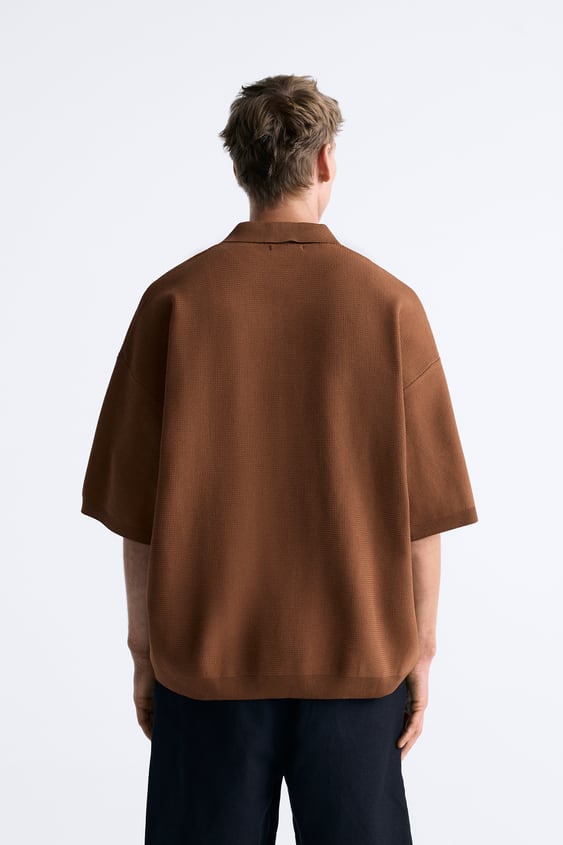 ZARA TEXTURED OVERSIZED KNIT POLO SHIRT BROWN