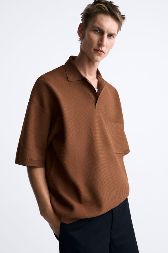 ZARA TEXTURED OVERSIZED KNIT POLO SHIRT BROWN