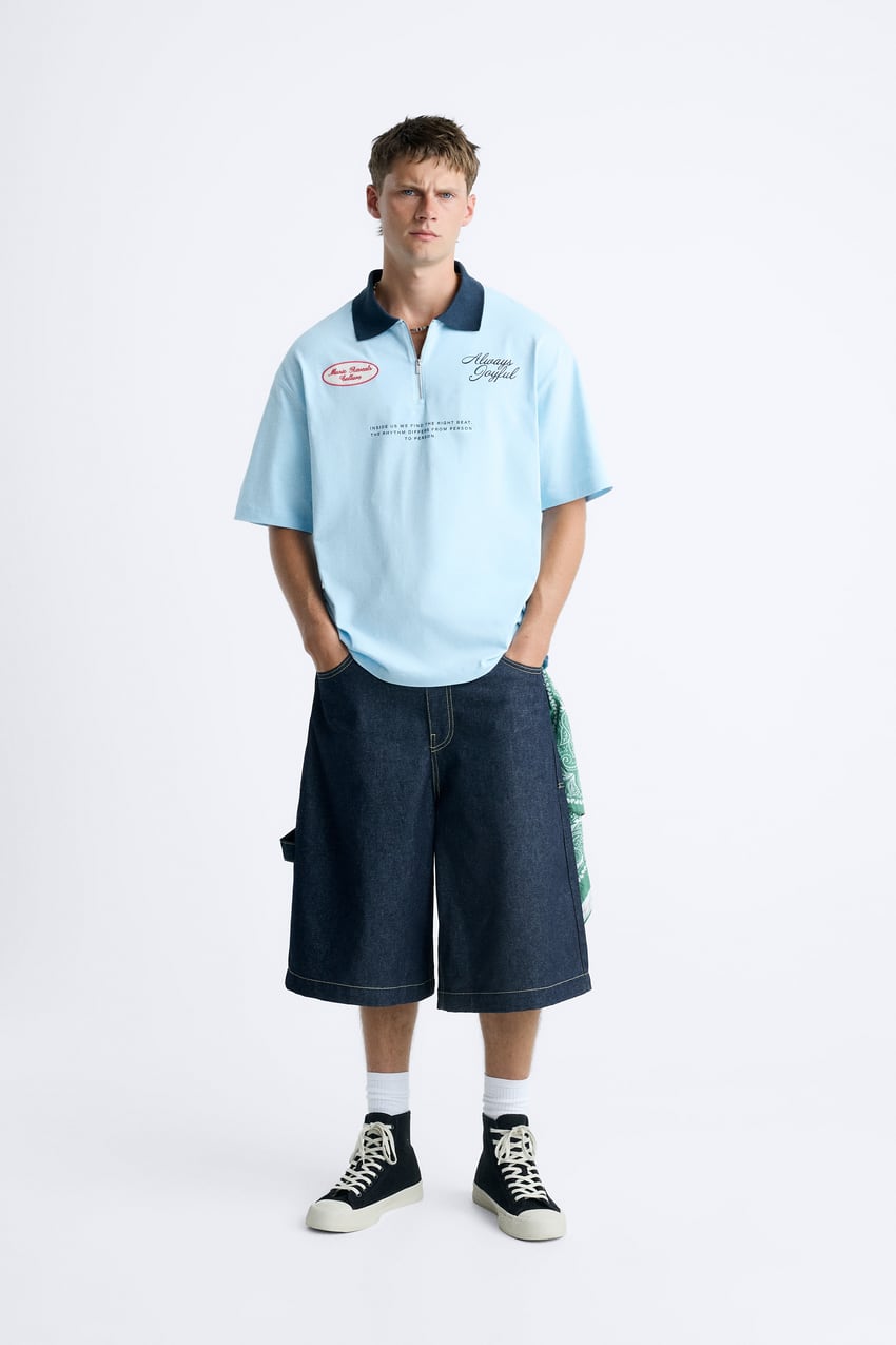 ZARA POLO SHIRT WITH CONTRAST PATCH SKY BLUE