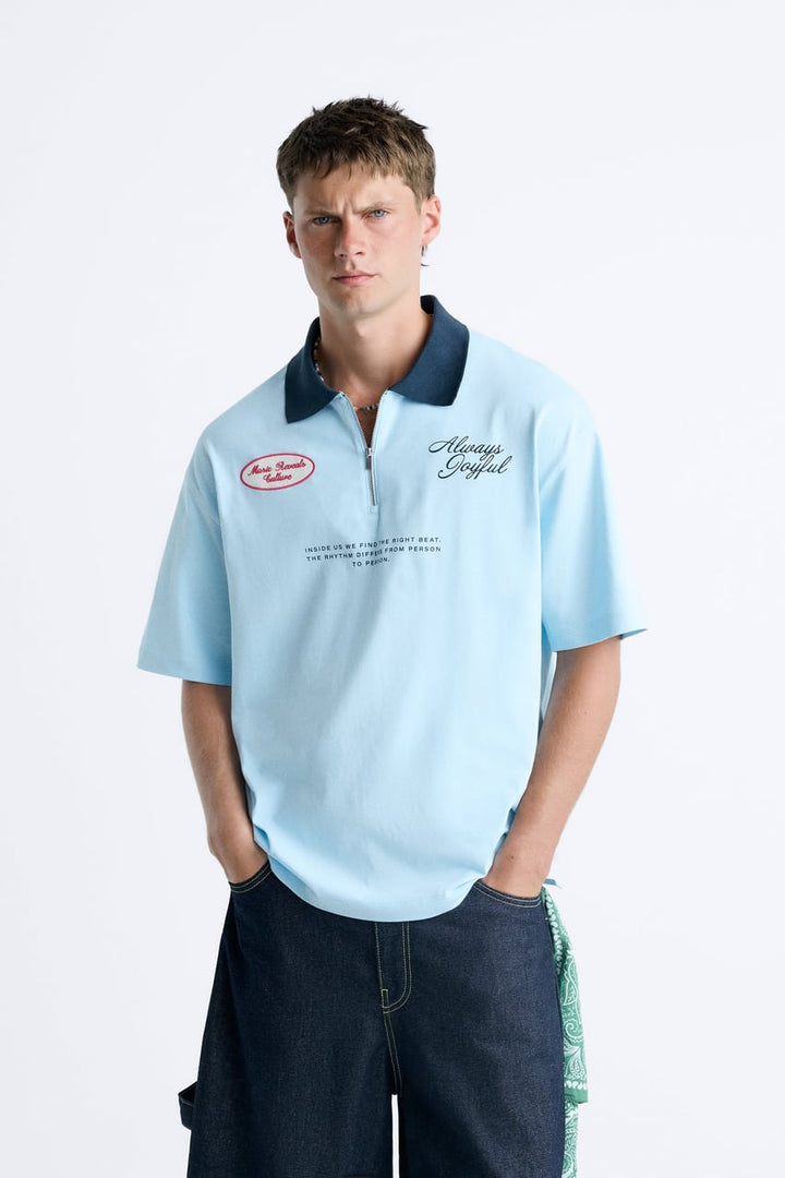 ZARA POLO SHIRT WITH CONTRAST PATCH SKY BLUE