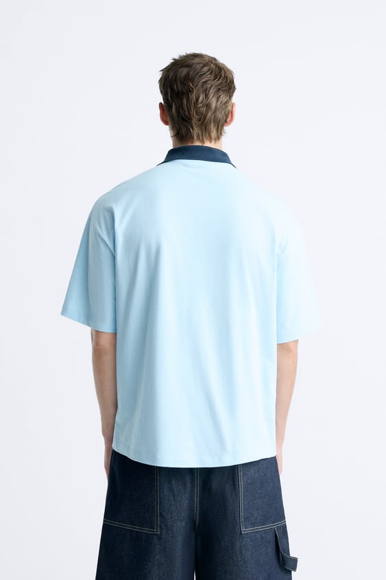 ZARA POLO SHIRT WITH CONTRAST PATCH SKY BLUE