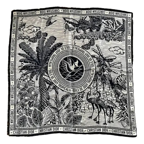 Tropical Print Silk Scarf in black