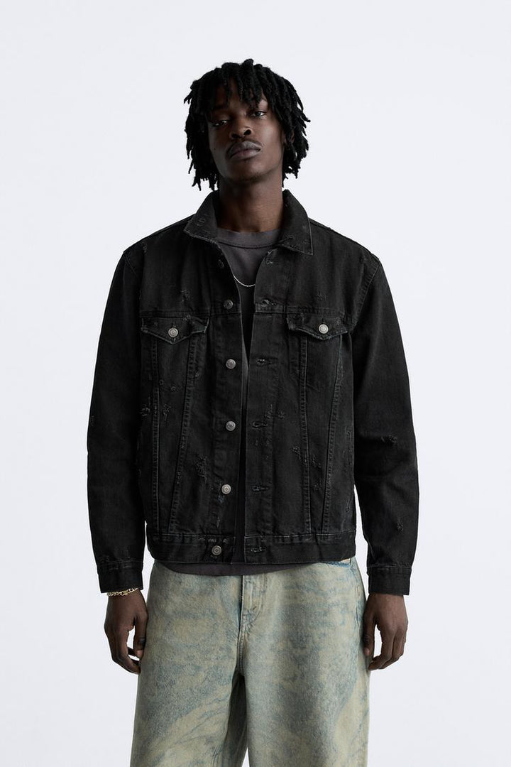 ZARA RIPPED DENIM JACKET IN BLACK