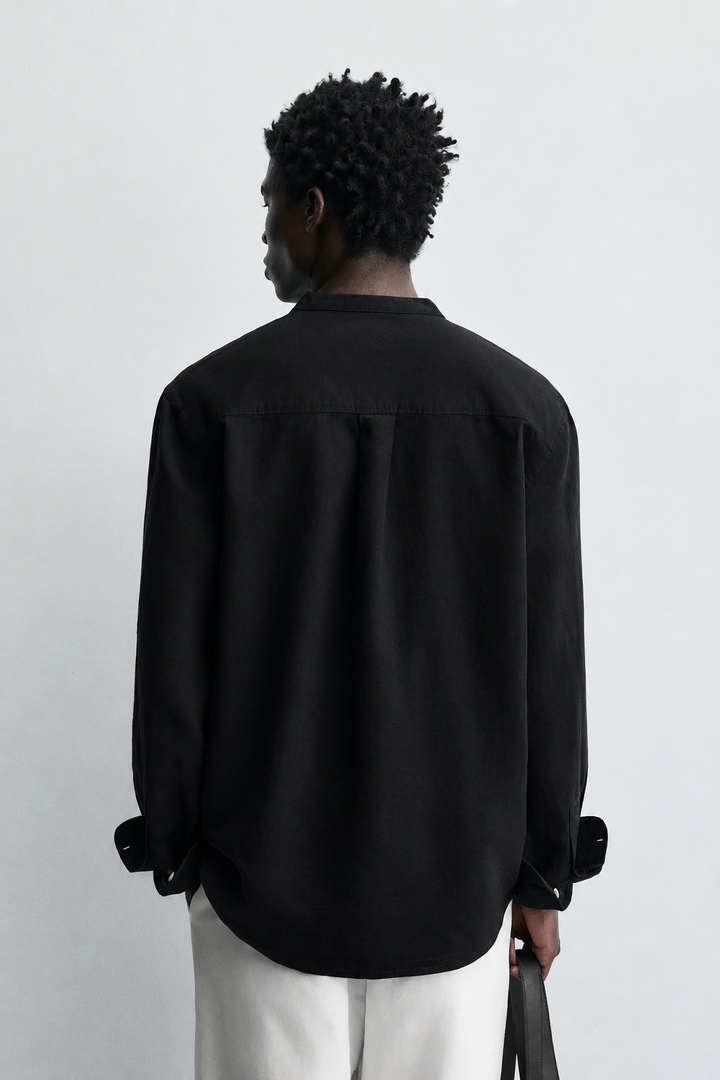 Garm Island Linen Tab Collar Button Down Shirt in Black