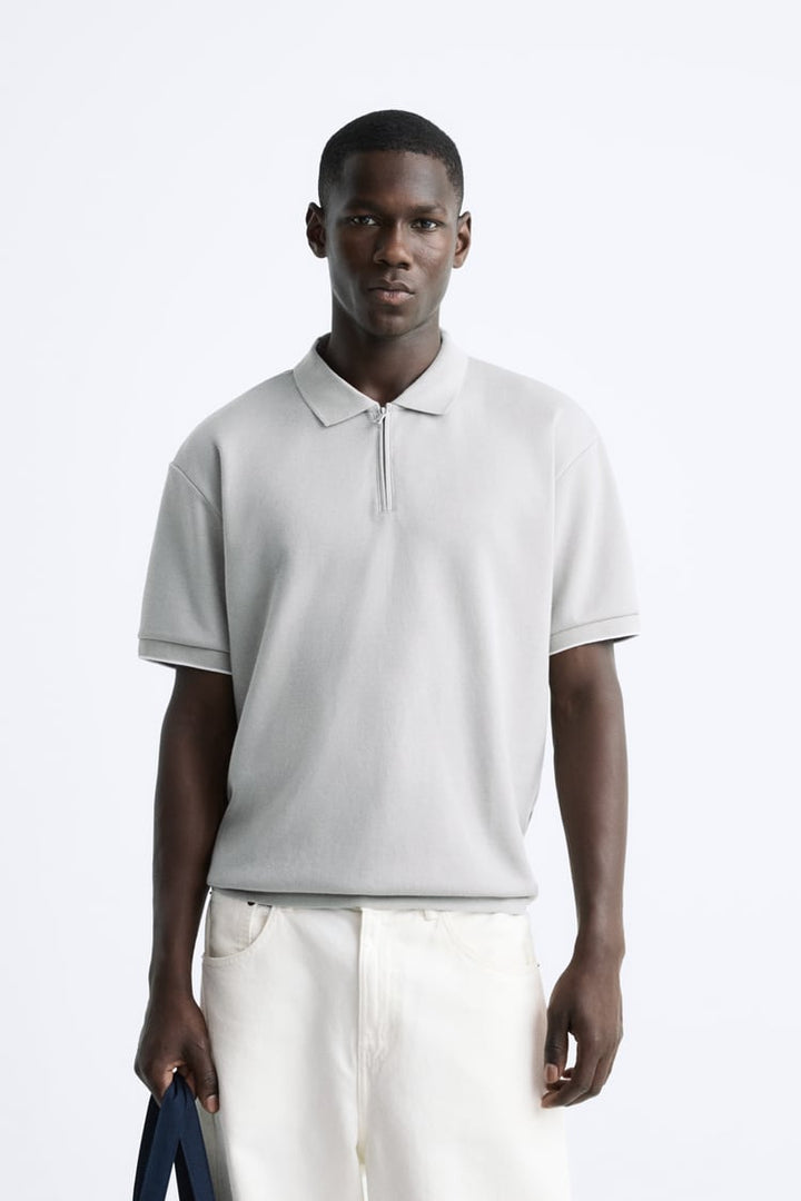ZARA KNIT POLO SHIRT WITH ZIP LIGHT GREEN
