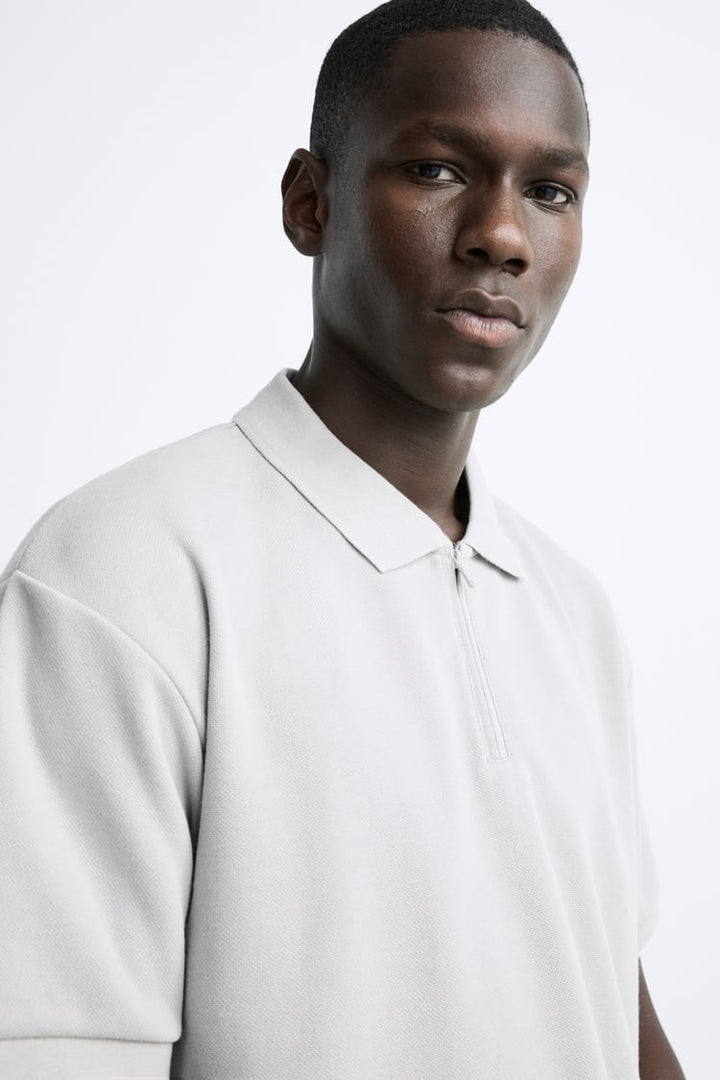 ZARA KNIT POLO SHIRT WITH ZIP LIGHT GREEN