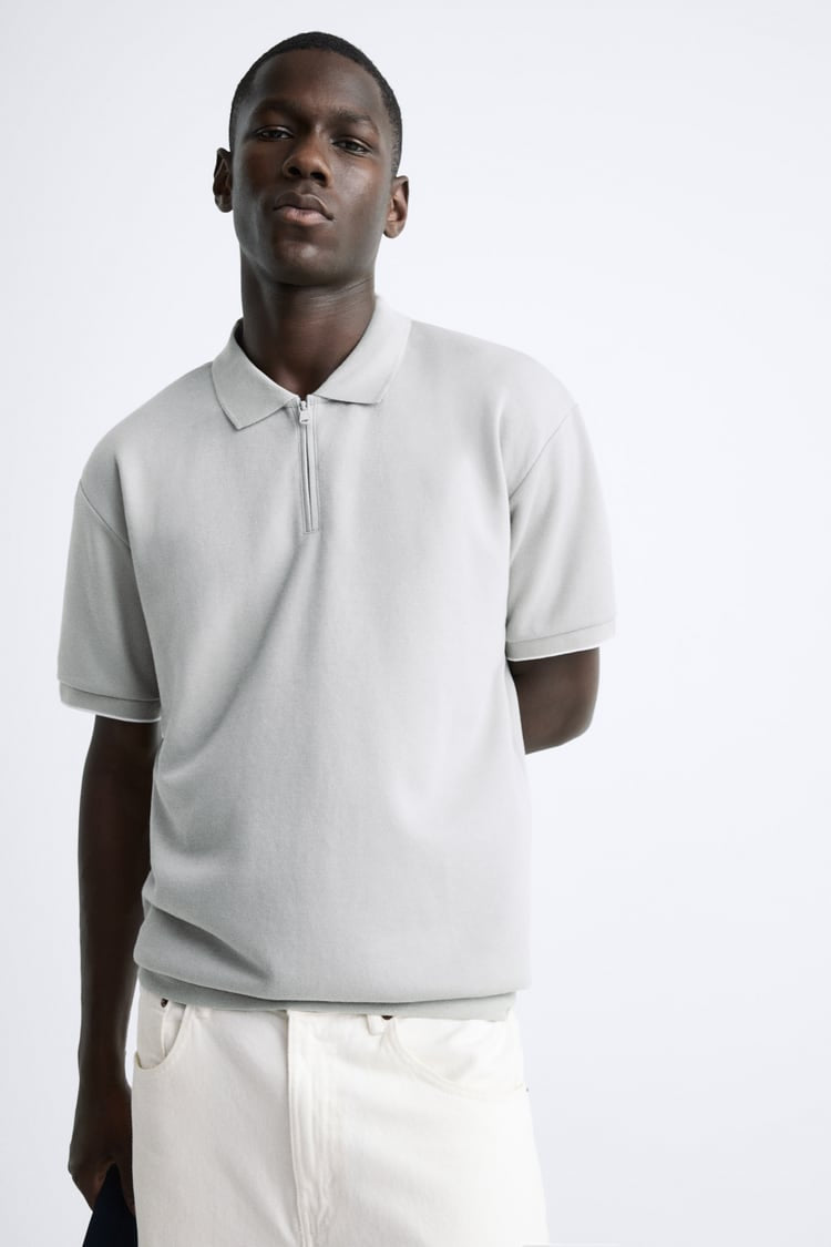 ZARA KNIT POLO SHIRT WITH ZIP LIGHT GREEN