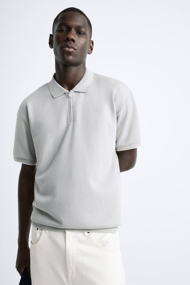 ZARA KNIT POLO SHIRT WITH ZIP LIGHT GREEN