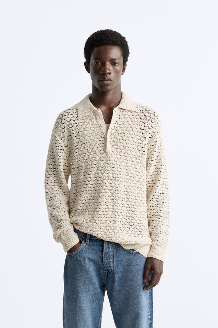 ZARA TEXTURED CROCHET KNIT POLO LONGSLEEVE SHIRT – Garmisland