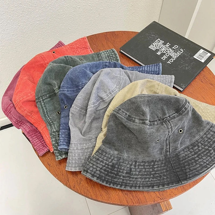 Washed denim bucket hat in black