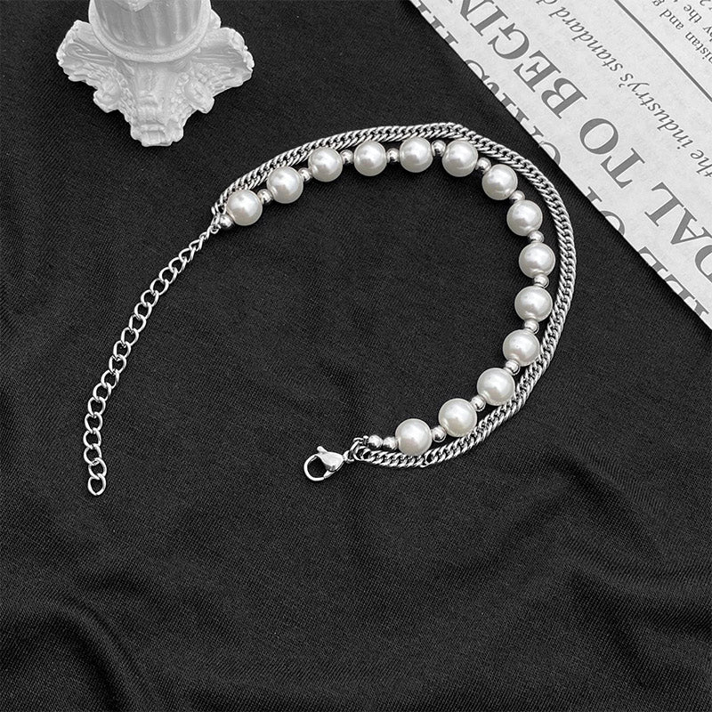 Pearl Stainless Steel Cuban Chain Layer Bracelet