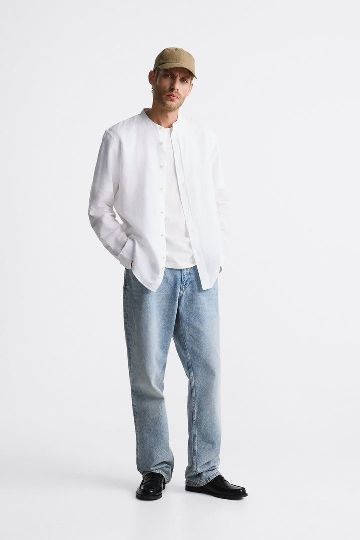 Marks & Spencer Linen Mandarin Shirt in white