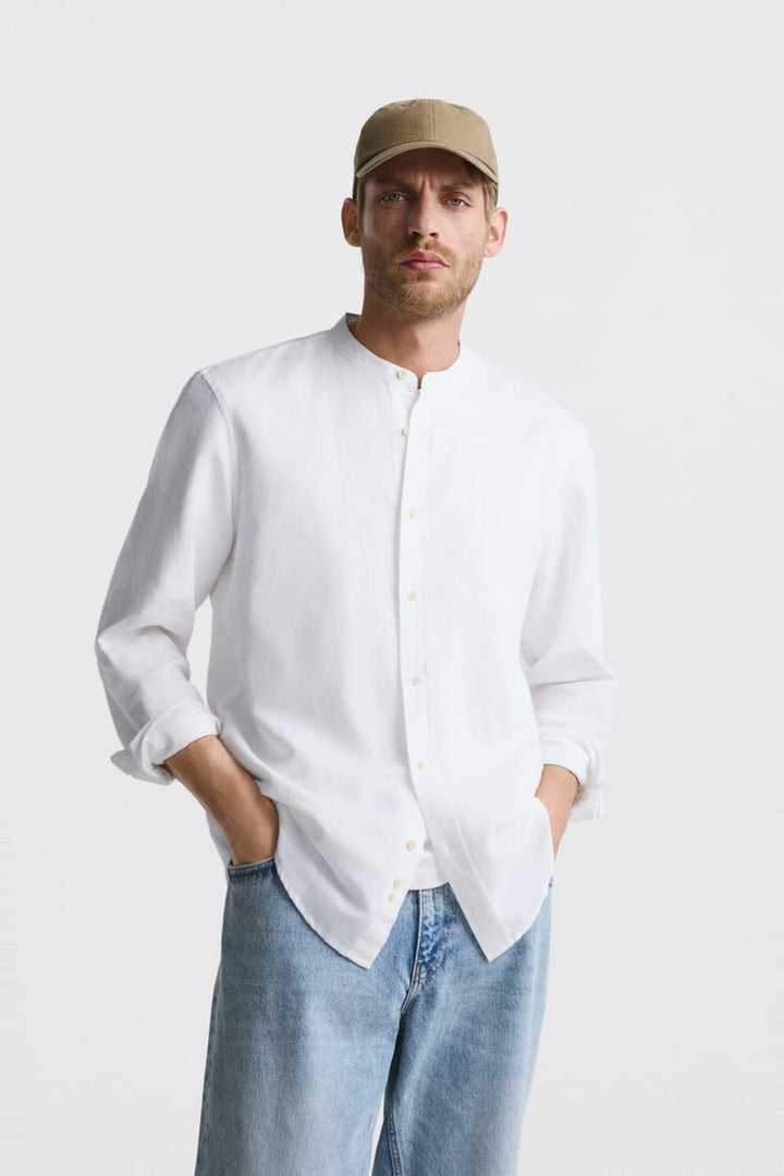 Marks & Spencer Linen Mandarin Shirt in white