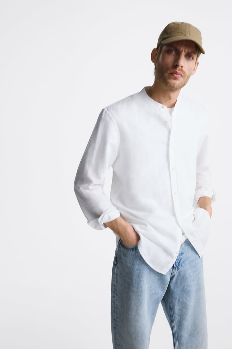 Marks & Spencer Linen Mandarin Shirt in white